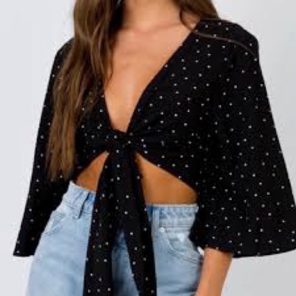 Princess Polly Black/White Polka Dot Tie-Front Crop Top Flare Sleeve